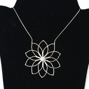 Silver Sparkling Cable-Chain Rhinestone Flower Statement Necklace 11"